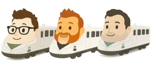 The three dads of 3DadsLabs — Dave Goetsch, Ross Venokur and Jason Venokur, drawn as friendly trains in lab coats.