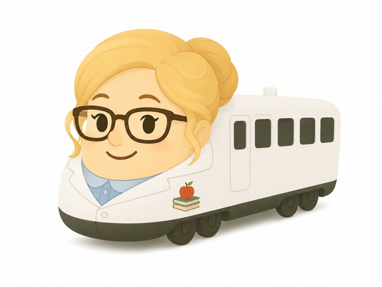 Beth Richman, drawn as a friendly Story Trains conductor with glasses, an apple and books