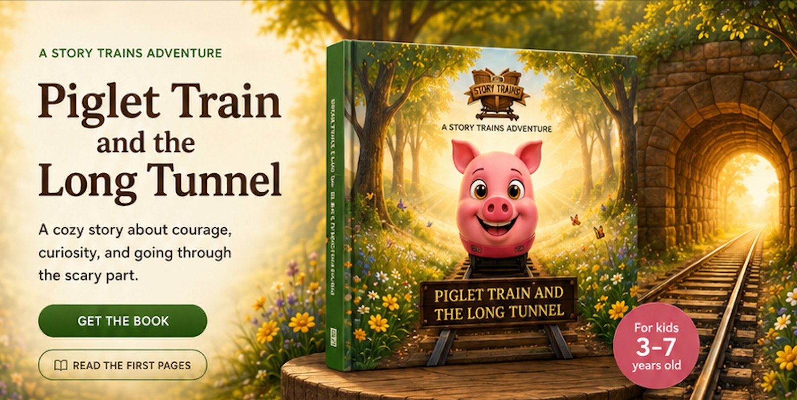 Piglet Train and the Long Tunnel — a cozy Story Trains adventure about courage, curiosity, and going through the scary part. For kids 3 to 7.