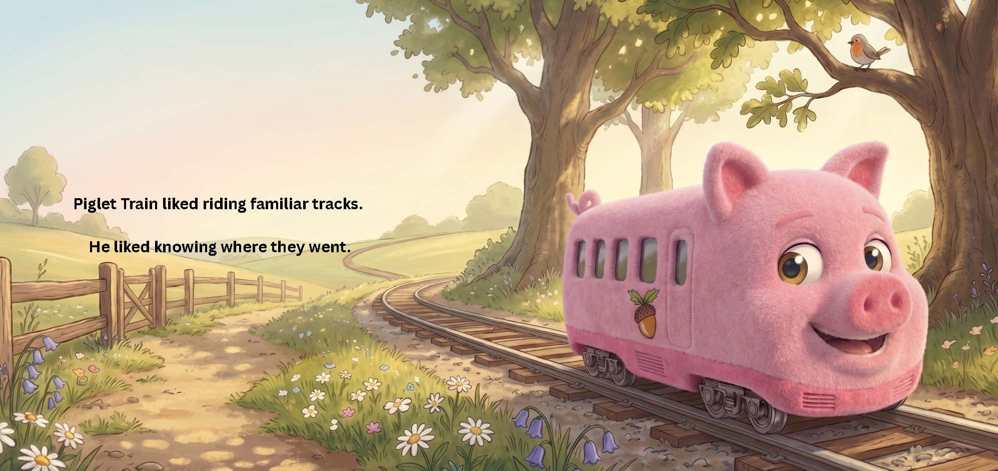 Storybook spread: Piglet Train liked riding familiar tracks. He liked knowing where they went.