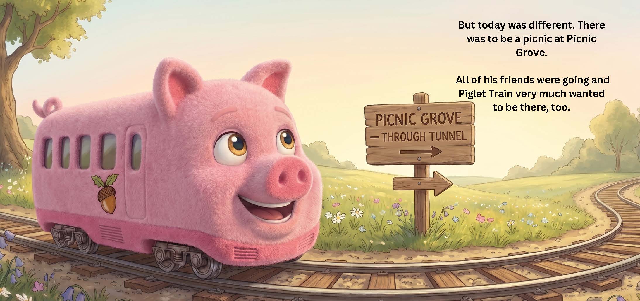Storybook spread: But today was different — a picnic at Picnic Grove, through the tunnel.